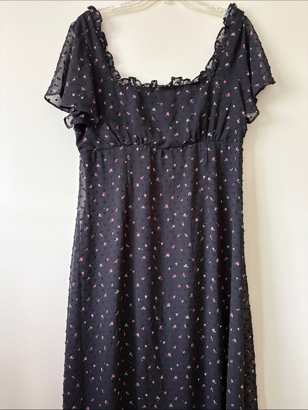 Lulu's Black Midi Dress with Swiss Dot and Floral Accents